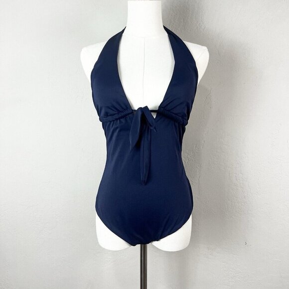 Eberjey One Piece Swimsuit Navy‎ Blue Halter Tie Front Bathing Suit Size Large - Picture 1 of 7